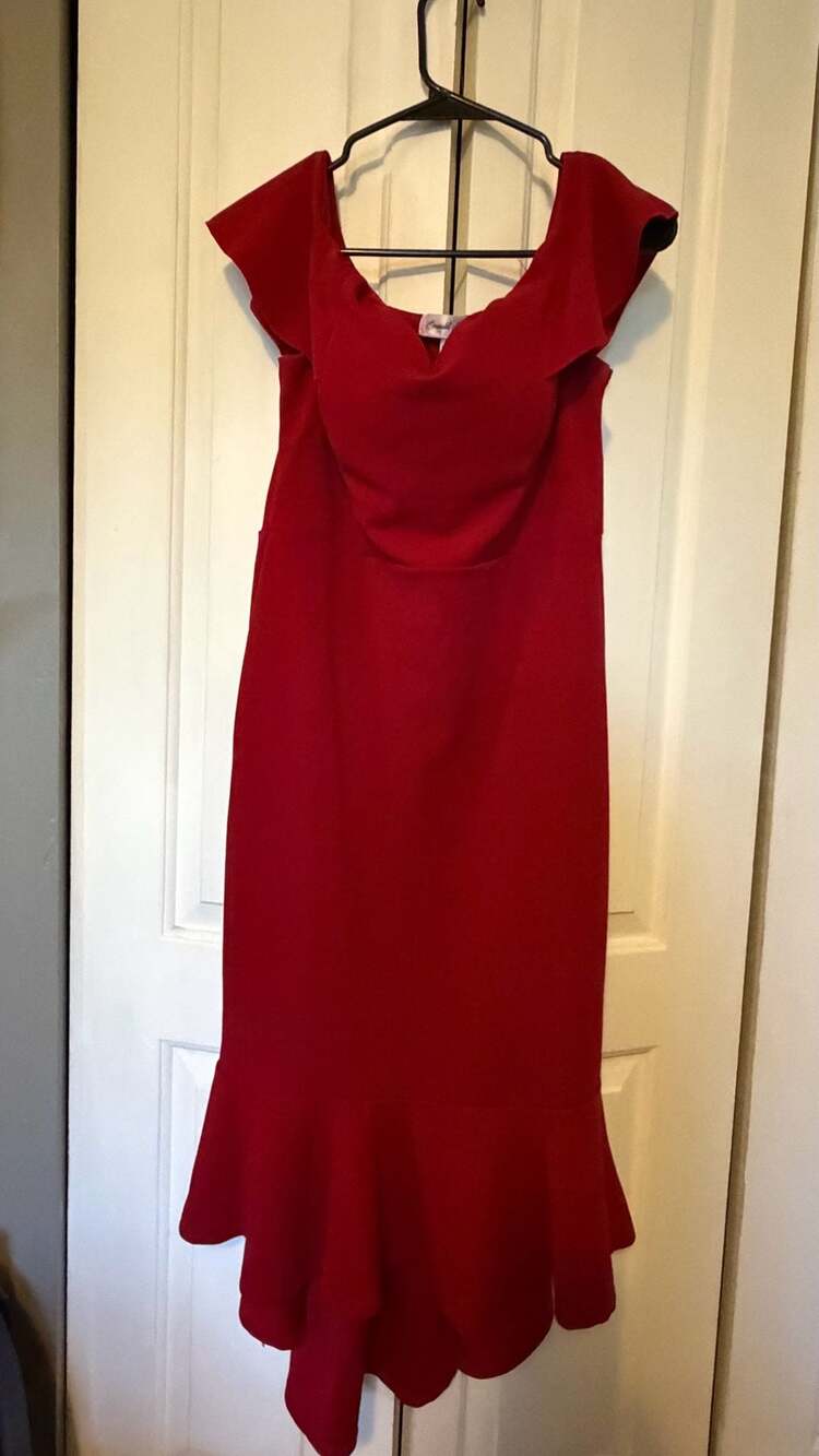 Emerald Sundae Women's Red Off The Shoulder Ruffle High Low Midi Dress Size L